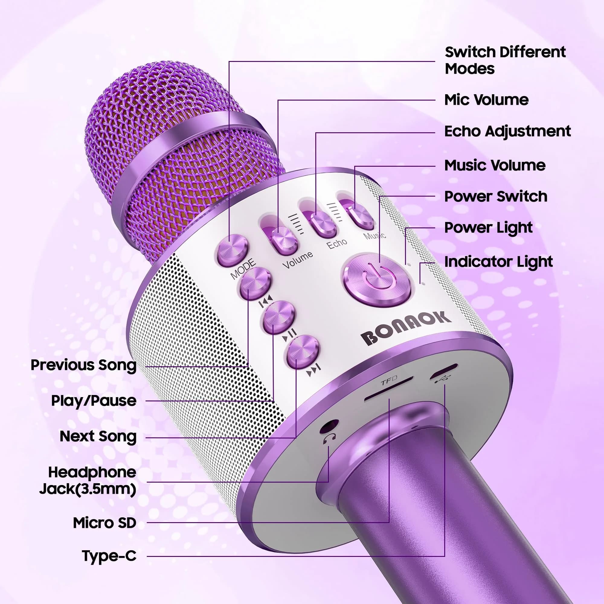 BONAOK Wireless Bluetooth Karaoke Microphone Q37 Light Purple | 3-in-1 Portable Mic Speaker for All Smartphones - view 5
