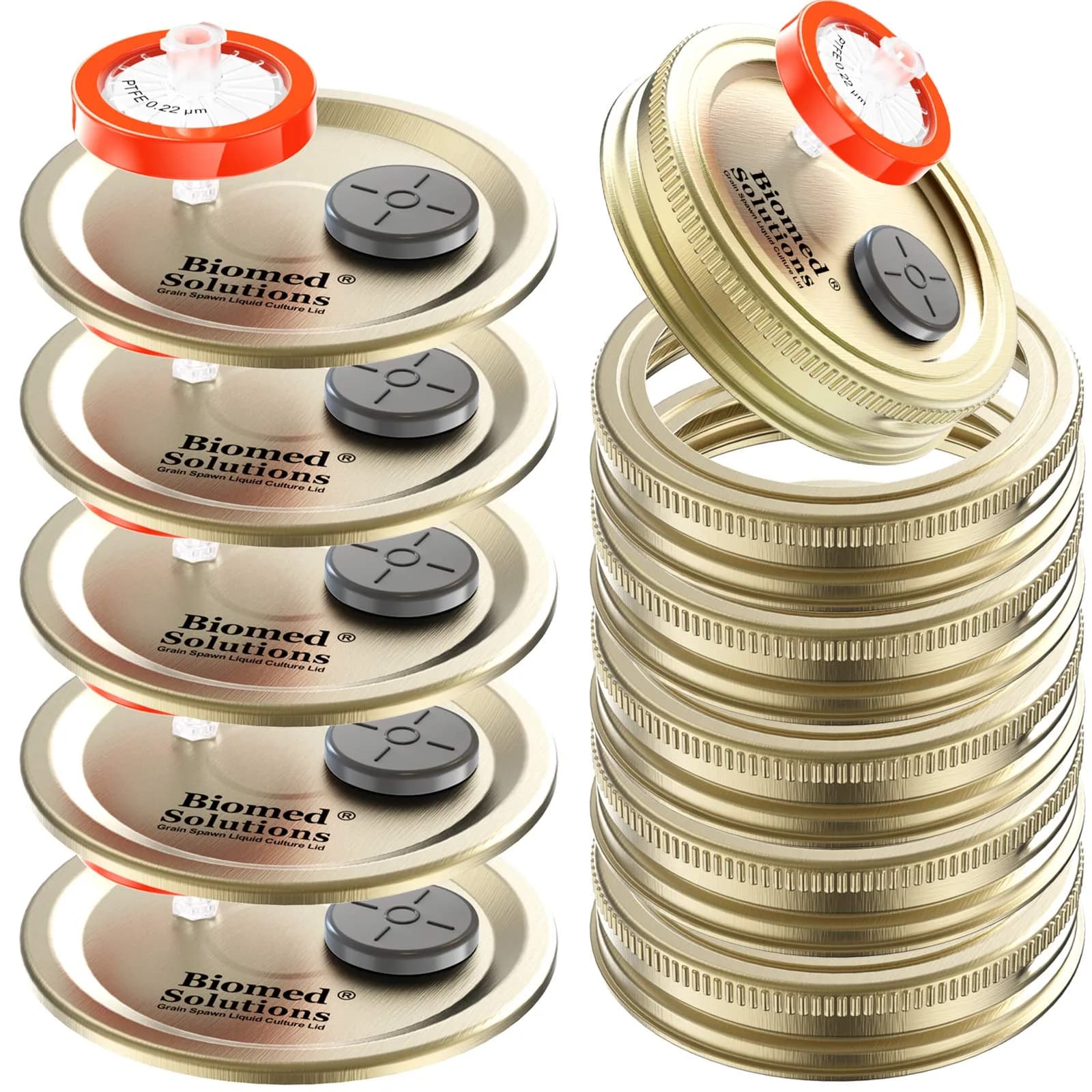 Biomed Solutions 6Pcs Regular Mouth Liquid Culture Lids with PTFE Filter & Injection Ports | Golden - main product image