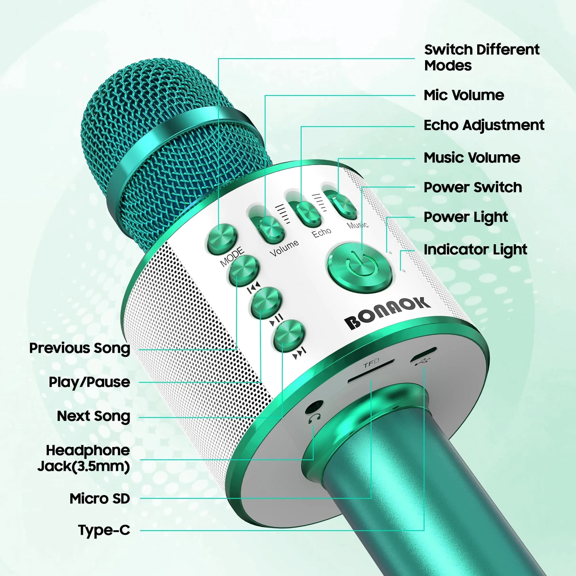 BONAOK Bluetooth Karaoke Microphone Green | Portable Wireless Mic for Adults Kids with Echo Mode - view 5