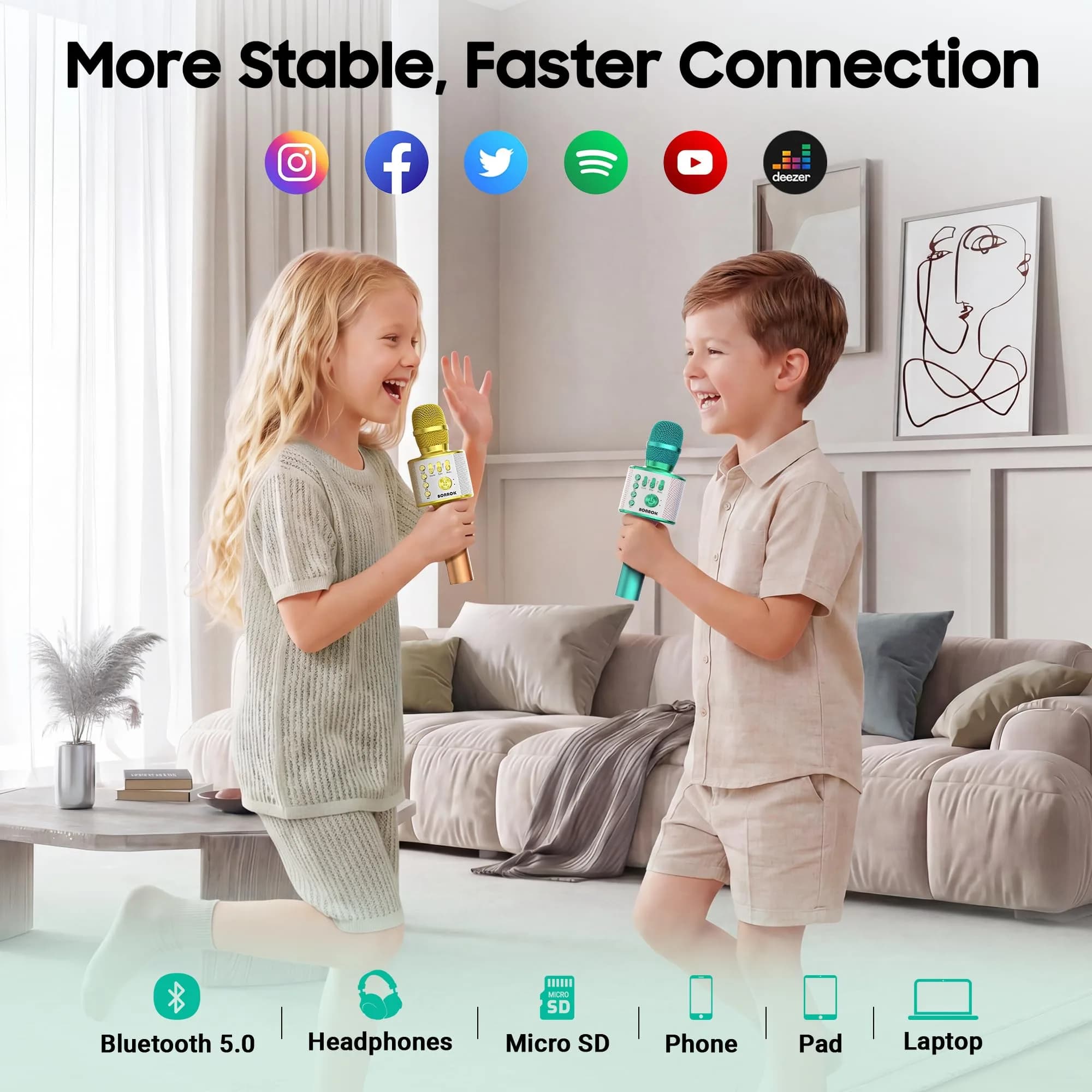 BONAOK Bluetooth Karaoke Microphone Green | Portable Wireless Mic for Adults Kids with Echo Mode - view 3