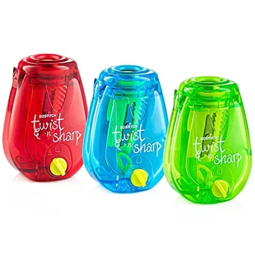 Bostitch Office Manual Twist-n-Sharp Pencil Sharpener 3-Pack (Lime Green, Blue, Red) | Ratchet Technology for Precision Points - main product image