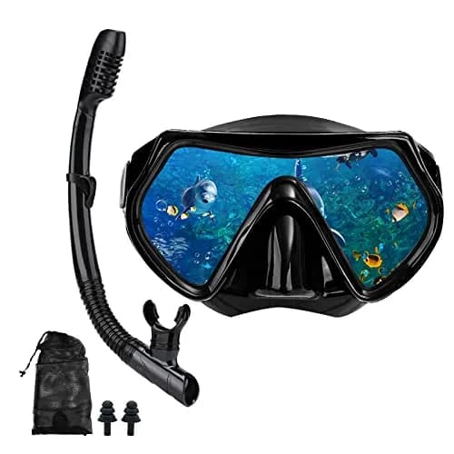 DIPUKI Snorkel Mask Snorkeling Set for Adults & Youth | Full Dry Snorkel & Tempered Glass (Black) thumbnail 1