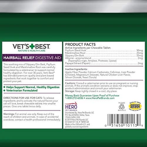 Vet's Best Cat Hairball Relief Chewable Tablets 180 Count | Natural Digestive Aid for Cats thumbnail 7