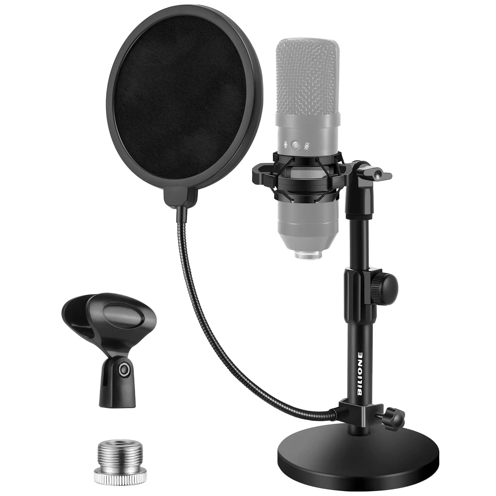 BILIONE Versatile Desktop Microphone Stand Kit with Pop Filter & Shock Mount | 1.12 kg (2.47 lb) Weighted Base - main product image