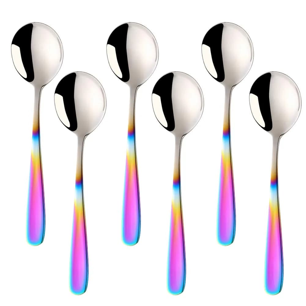 Buyer Star Bouillon Spoon Set, 7-Inch Round Soup Spoons, 6 Pieces | Gradient Rainbow — Gradient Rainbow