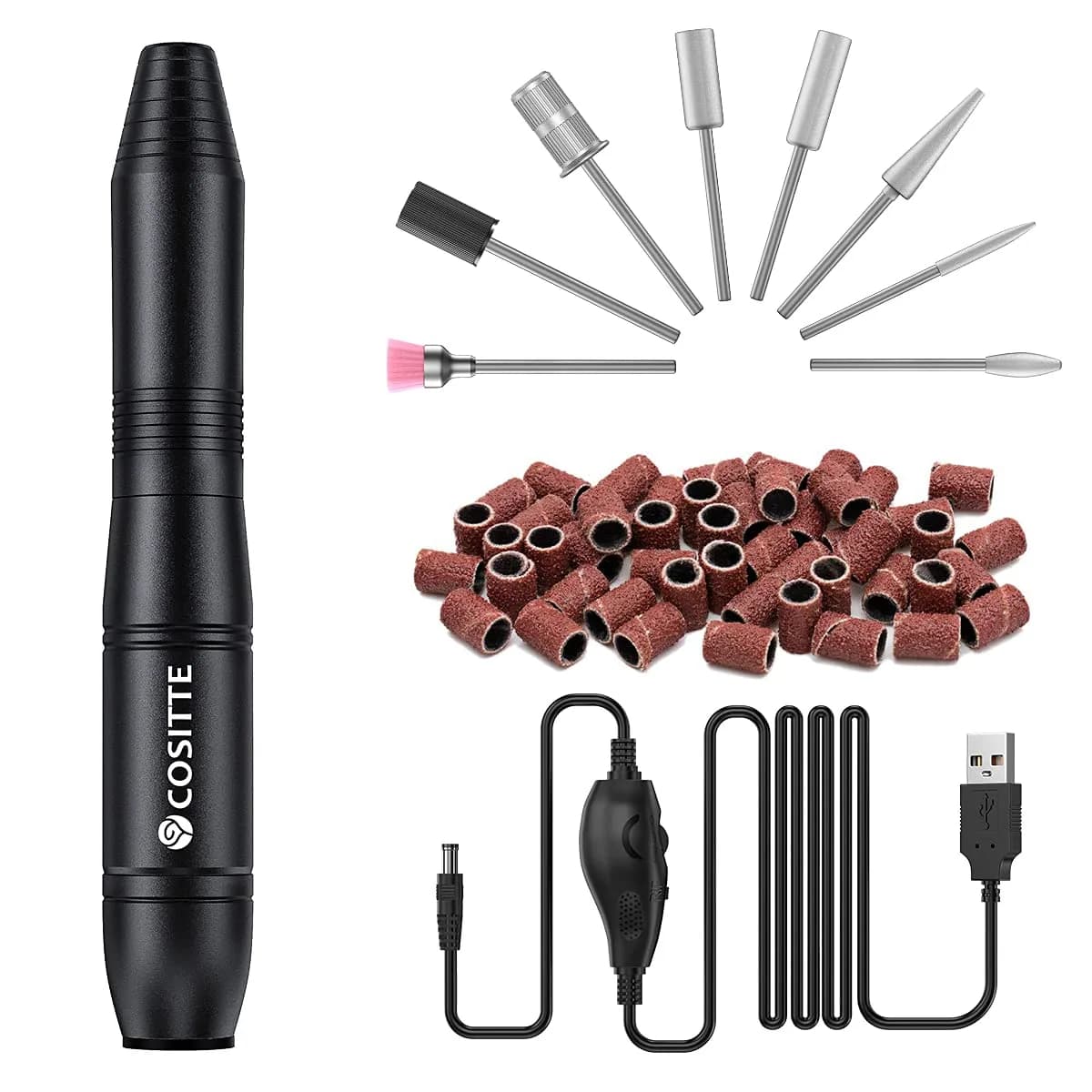 COSITTE Black Electric Nail Drill Machine with USB Power, Portable Efile for Acrylic Nails, 20000 RPM Adjustable Speed - main product image