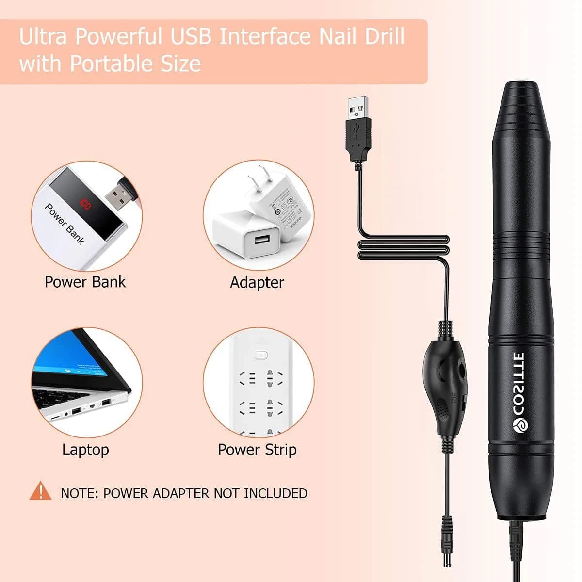COSITTE Black Electric Nail Drill Machine with USB Power, Portable Efile for Acrylic Nails, 20000 RPM Adjustable Speed - view 2