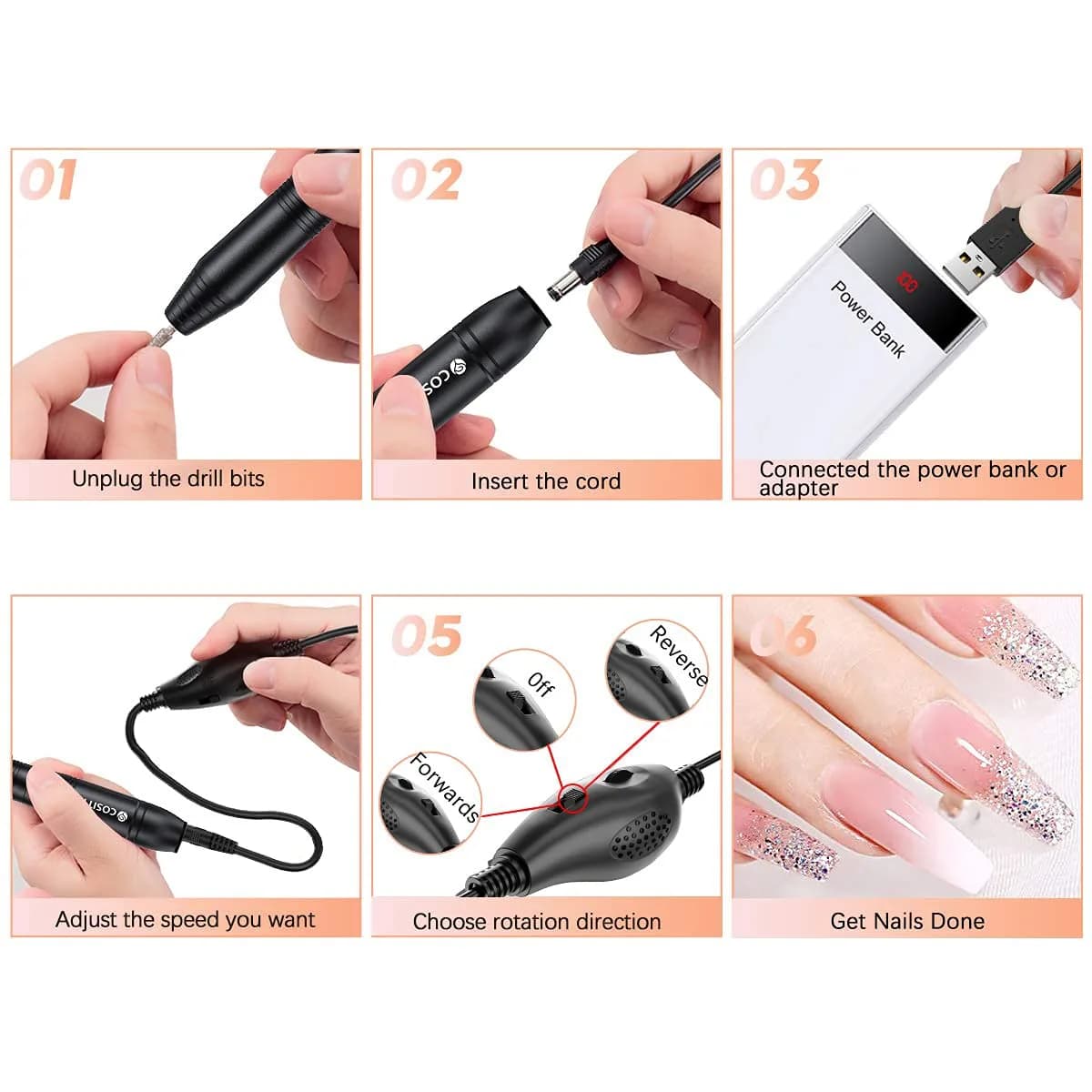 COSITTE Black Electric Nail Drill Machine with USB Power, Portable Efile for Acrylic Nails, 20000 RPM Adjustable Speed - view 4