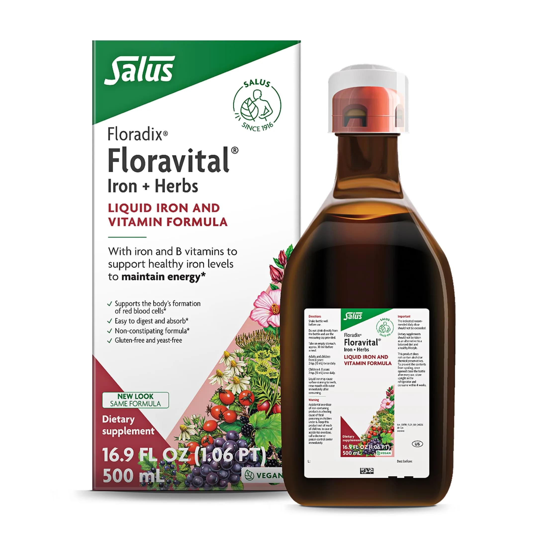 Floradix Floravital Liquid Iron Supplement, Vegan, Gluten-Free, 16.9 Fl Oz | Supports Iron Absorption & Energy