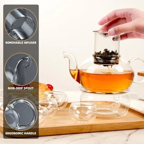 GURUDAR Glass Teapot Set, 800ML | Elegant Borosilicate Tea Maker with 6 Cups & Infuser thumbnail 5