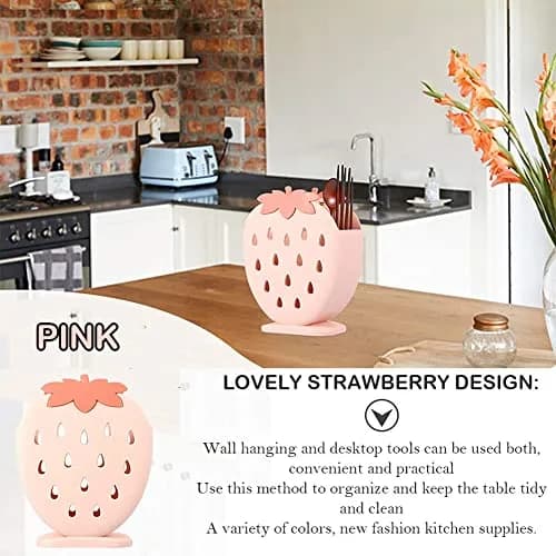 AKOAK Strawberry Cutlery Holder Stand, Plastic Utensil Organizer with Drains, 18 cm (7.1 inch) Height | Light Pink thumbnail 4