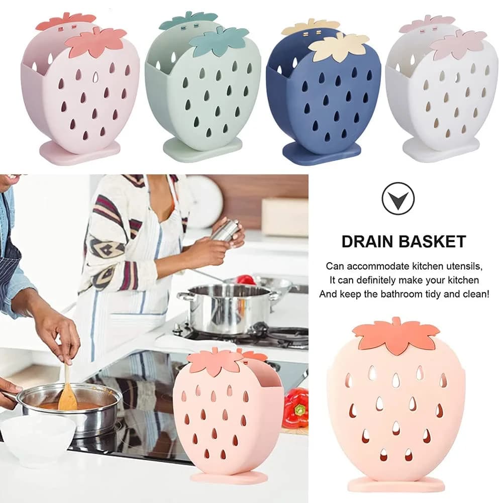 AKOAK Strawberry Cutlery Holder Stand, Plastic Utensil Organizer with Drains, 18 cm (7.1 inch) Height | Light Pink - view 6