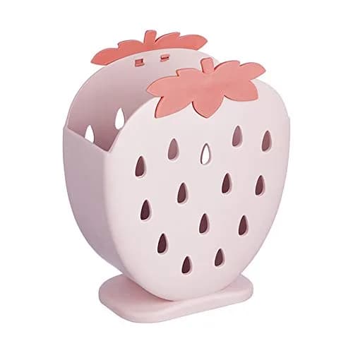 AKOAK Strawberry Cutlery Holder Stand, Plastic Utensil Organizer with Drains, 18 cm (7.1 inch) Height | Light Pink thumbnail 1