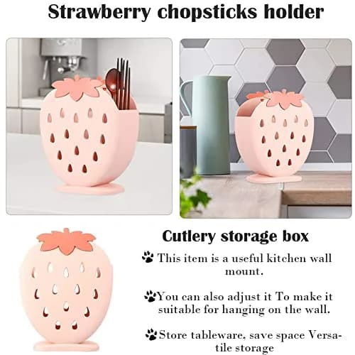 AKOAK Strawberry Cutlery Holder Stand, Plastic Utensil Organizer with Drains, 18 cm (7.1 inch) Height | Light Pink thumbnail 8