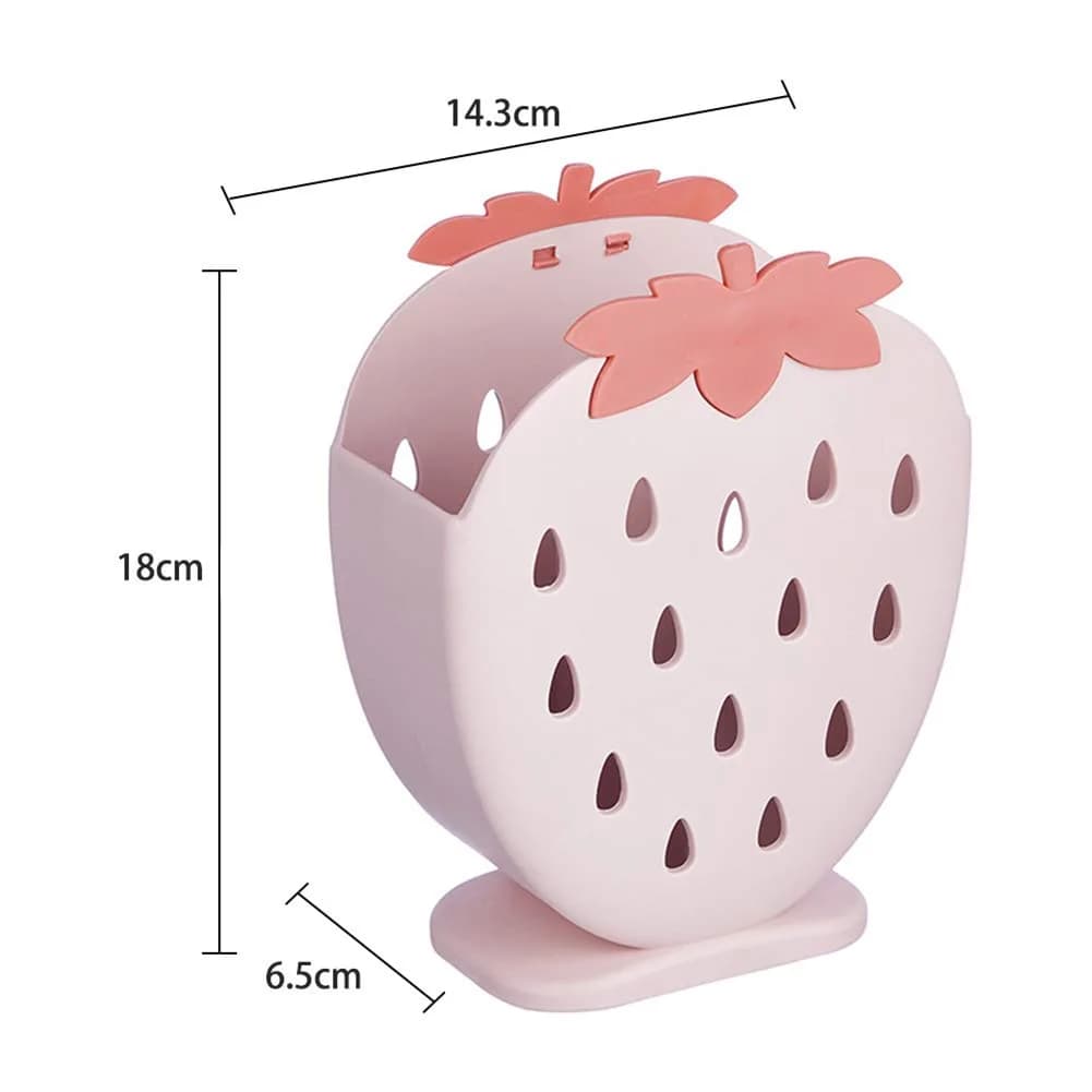 AKOAK Strawberry Cutlery Holder Stand, Plastic Utensil Organizer with Drains, 18 cm (7.1 inch) Height | Light Pink - view 9