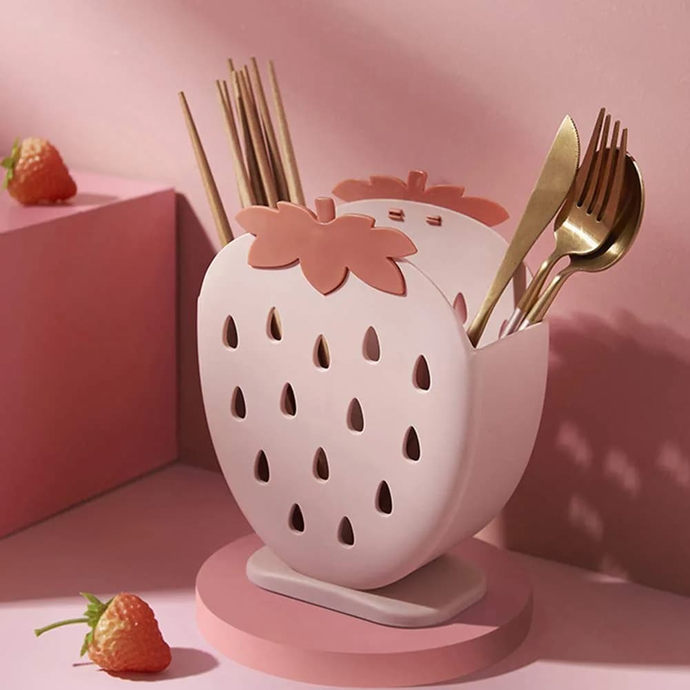 AKOAK Strawberry Cutlery Holder Stand, Plastic Utensil Organizer with Drains, 18 cm (7.1 inch) Height | Light Pink - view 2