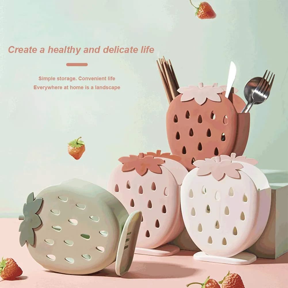 AKOAK Strawberry Cutlery Holder Stand, Plastic Utensil Organizer with Drains, 18 cm (7.1 inch) Height | Light Pink - view 3