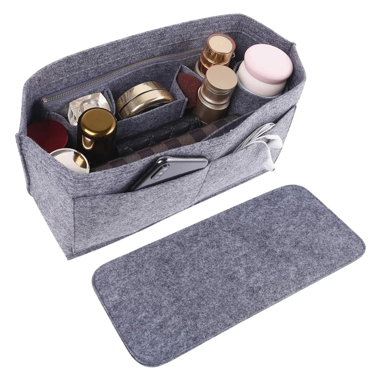 Doxo Purse Organizer Insert & Base Shaper 2pc Set, Felt Tote Bag Organizer with Zipper Pocket & Bottle Holder, 30cm (11.8" L x 5.5" W x 6.7" H) | Gray-L - main product image