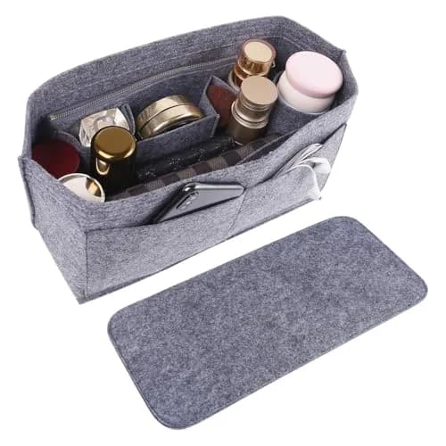 Doxo Purse Organizer Insert & Base Shaper 2pc Set, Felt Tote Bag Organizer with Zipper Pocket & Bottle Holder, 30cm (11.8" L x 5.5" W x 6.7" H) | Gray-L thumbnail 1