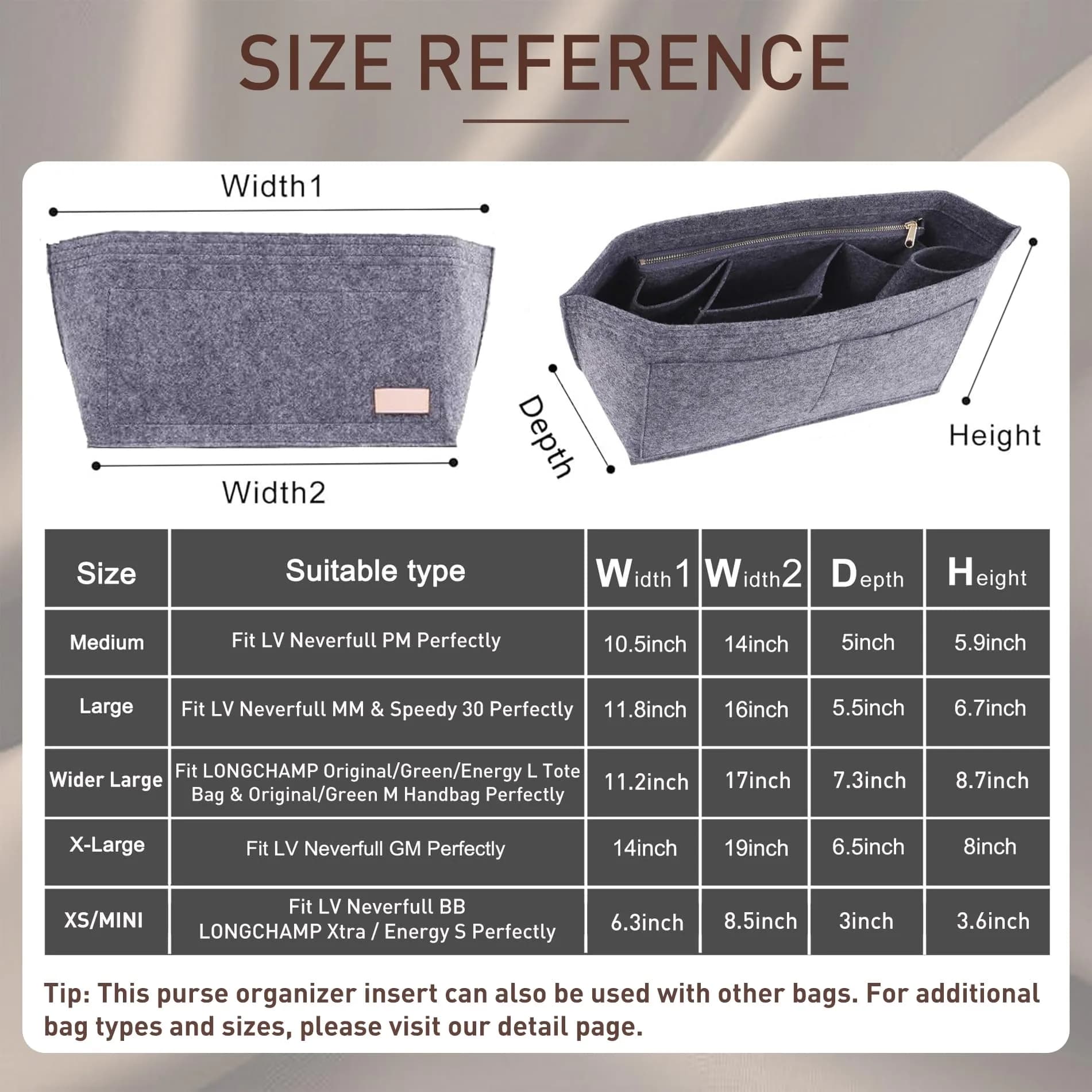 Doxo Purse Organizer Insert & Base Shaper 2pc Set, Felt Tote Bag Organizer with Zipper Pocket & Bottle Holder, 30cm (11.8" L x 5.5" W x 6.7" H) | Gray-L - view 2