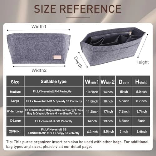 Doxo Purse Organizer Insert & Base Shaper 2pc Set, Felt Tote Bag Organizer with Zipper Pocket & Bottle Holder, 30cm (11.8" L x 5.5" W x 6.7" H) | Gray-L thumbnail 2