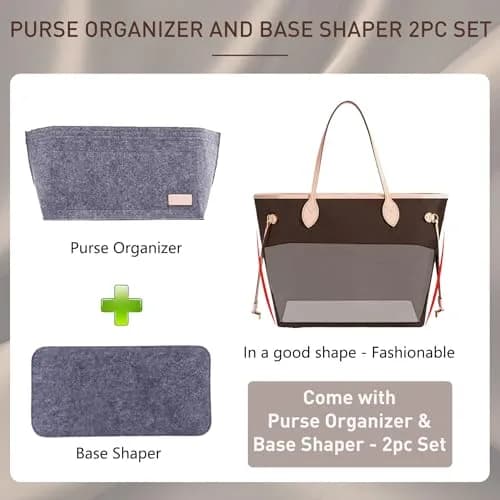 Doxo Purse Organizer Insert & Base Shaper 2pc Set, Felt Tote Bag Organizer with Zipper Pocket & Bottle Holder, 30cm (11.8" L x 5.5" W x 6.7" H) | Gray-L thumbnail 3