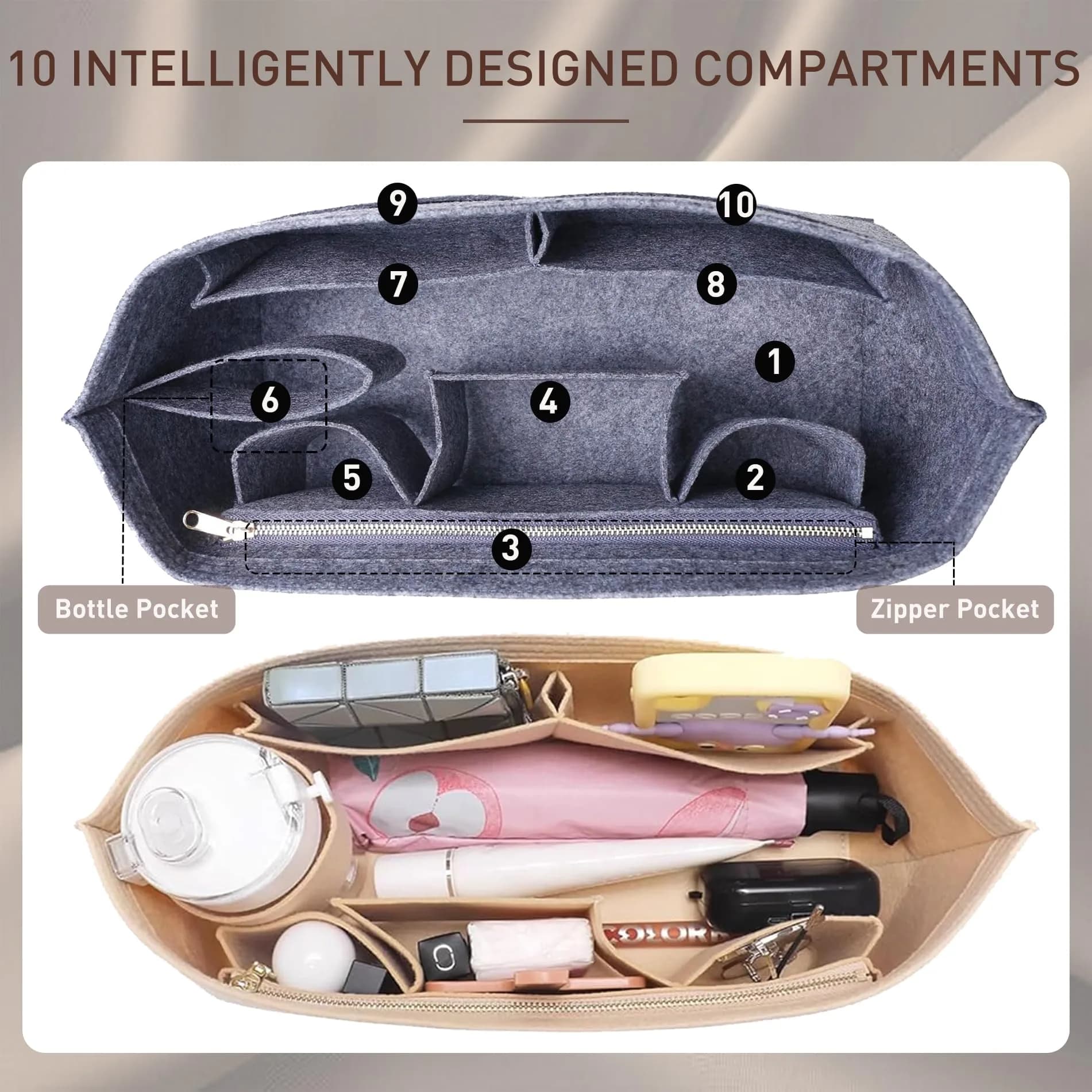 Doxo Purse Organizer Insert & Base Shaper 2pc Set, Felt Tote Bag Organizer with Zipper Pocket & Bottle Holder, 30cm (11.8" L x 5.5" W x 6.7" H) | Gray-L - view 4