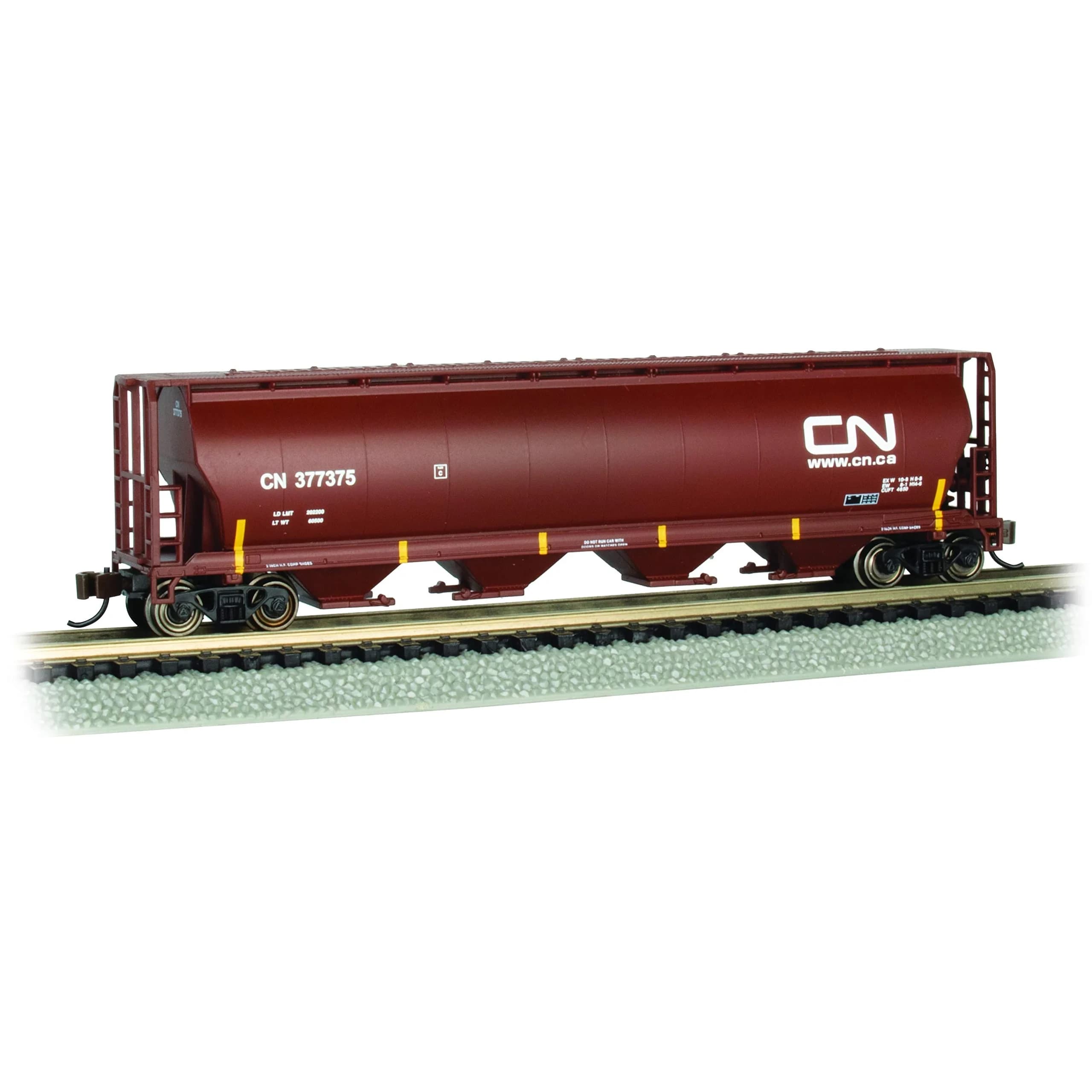 Bachmann Trains Canadian 4-Bay Cylindrical Grain Hopper Car - Canadian National #377375 - Oxide Red - N Scale 1:160 (11.68 cm) - main product image
