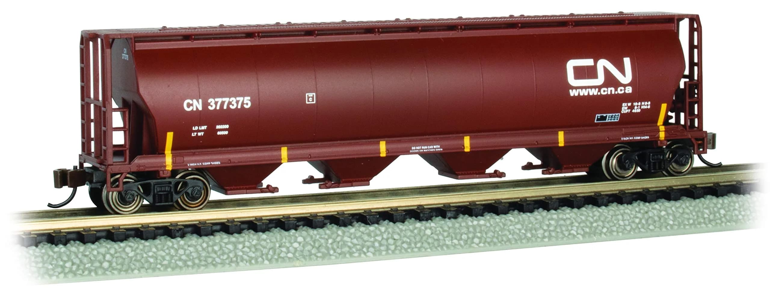 Bachmann Trains Canadian 4-Bay Cylindrical Grain Hopper Car - Canadian National #377375 - Oxide Red - N Scale 1:160 (11.68 cm) - main product image