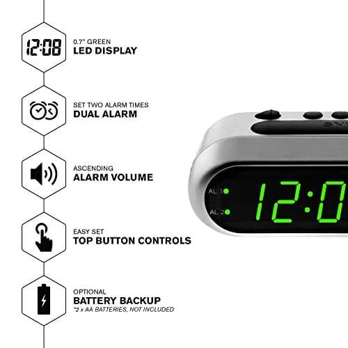 Sharp Digital Dual Alarm Clock with Green LED Display | 13.97cm (5.5") x 5.33cm (2.1") thumbnail 2