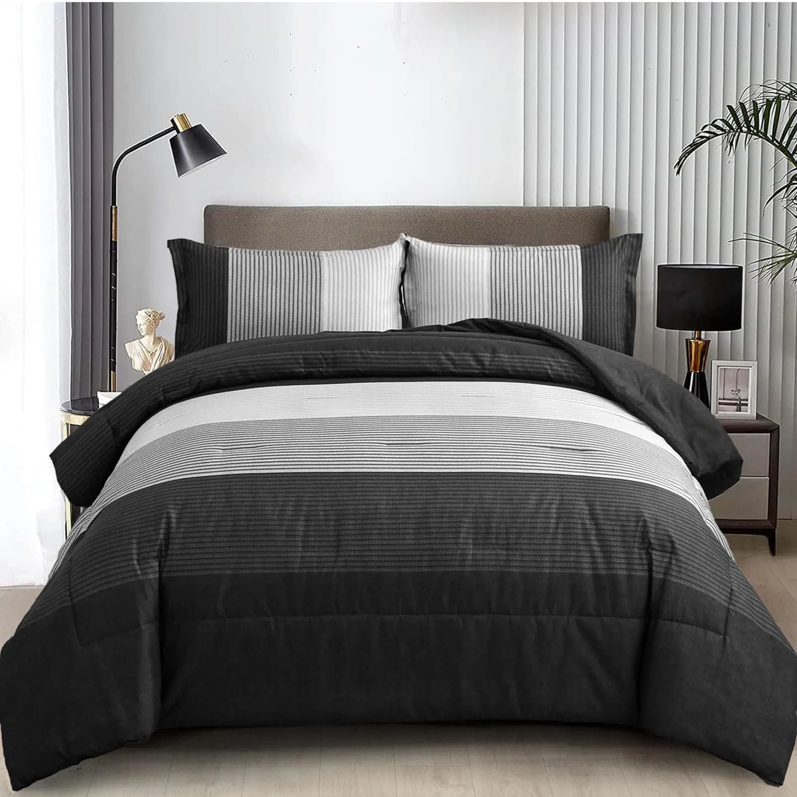WONGS BEDDING Black Comforter Set Queen | Reversible Black Grey Stripe Bedding for All Season — Black