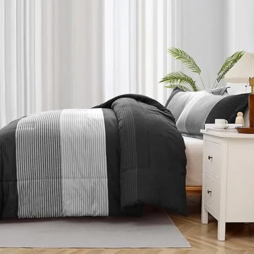 WONGS BEDDING Black Comforter Set Queen | Reversible Black Grey Stripe Bedding for All Season thumbnail 5