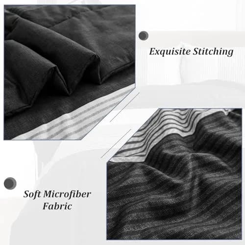 WONGS BEDDING Black Comforter Set Queen | Reversible Black Grey Stripe Bedding for All Season thumbnail 6