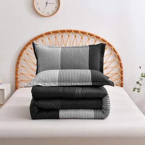 WONGS BEDDING Black Comforter Set Queen | Reversible Black Grey Stripe Bedding for All Season thumbnail 7