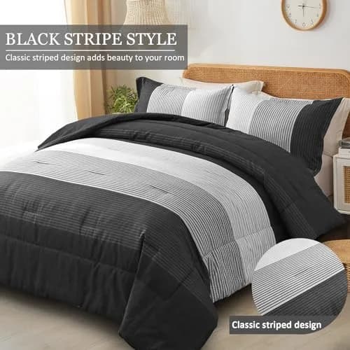 WONGS BEDDING Black Comforter Set Queen | Reversible Black Grey Stripe Bedding for All Season thumbnail 2