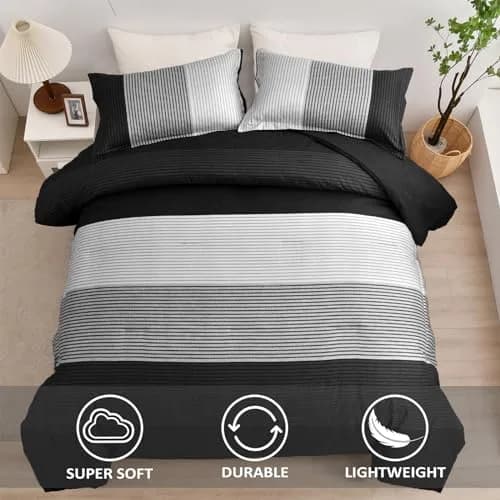 WONGS BEDDING Black Comforter Set Queen | Reversible Black Grey Stripe Bedding for All Season thumbnail 3