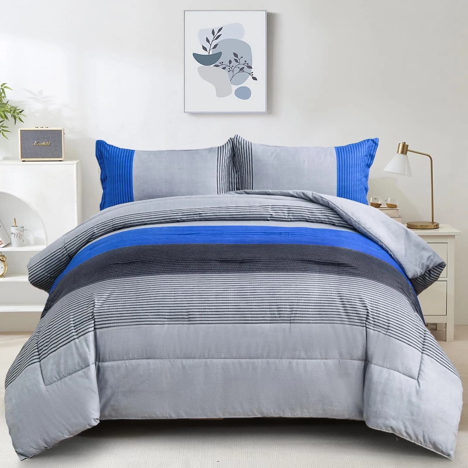 WONGS BEDDING Blue Comforter Set King | Reversible Grey & Blue Down Alternative Bedding — Blue