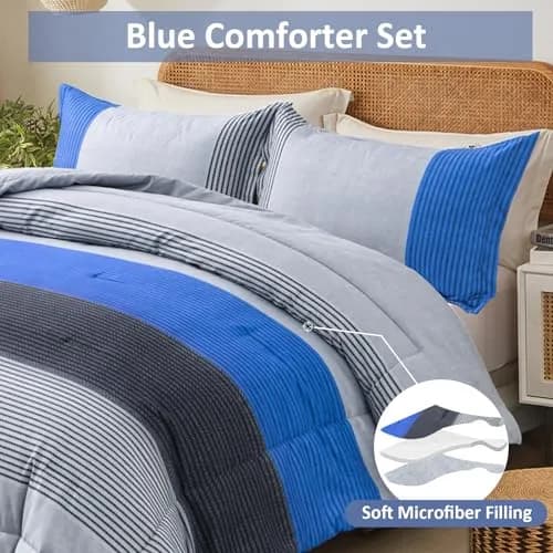 WONGS BEDDING Blue Comforter Set King | Reversible Grey & Blue Down Alternative Bedding thumbnail 4