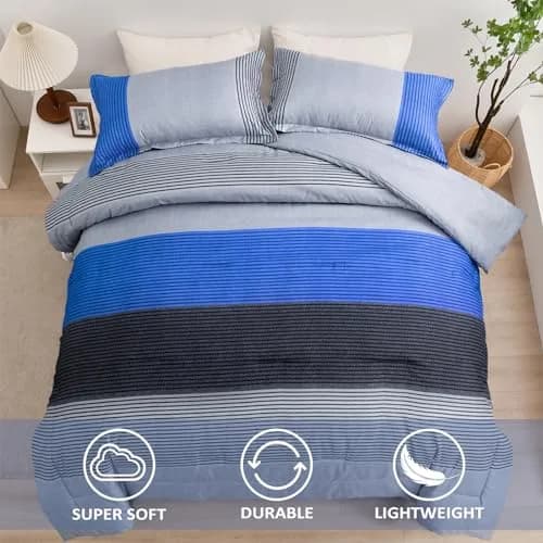 WONGS BEDDING Blue Comforter Set King | Reversible Grey & Blue Down Alternative Bedding thumbnail 3