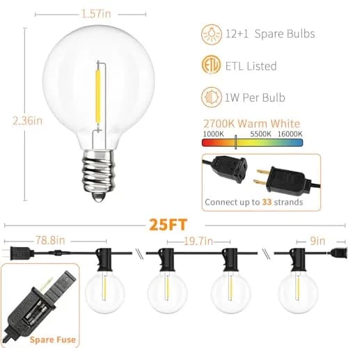 Svater Outdoor String Lights 25 FT G40 LED Waterproof Shatterproof Warm White thumbnail 2