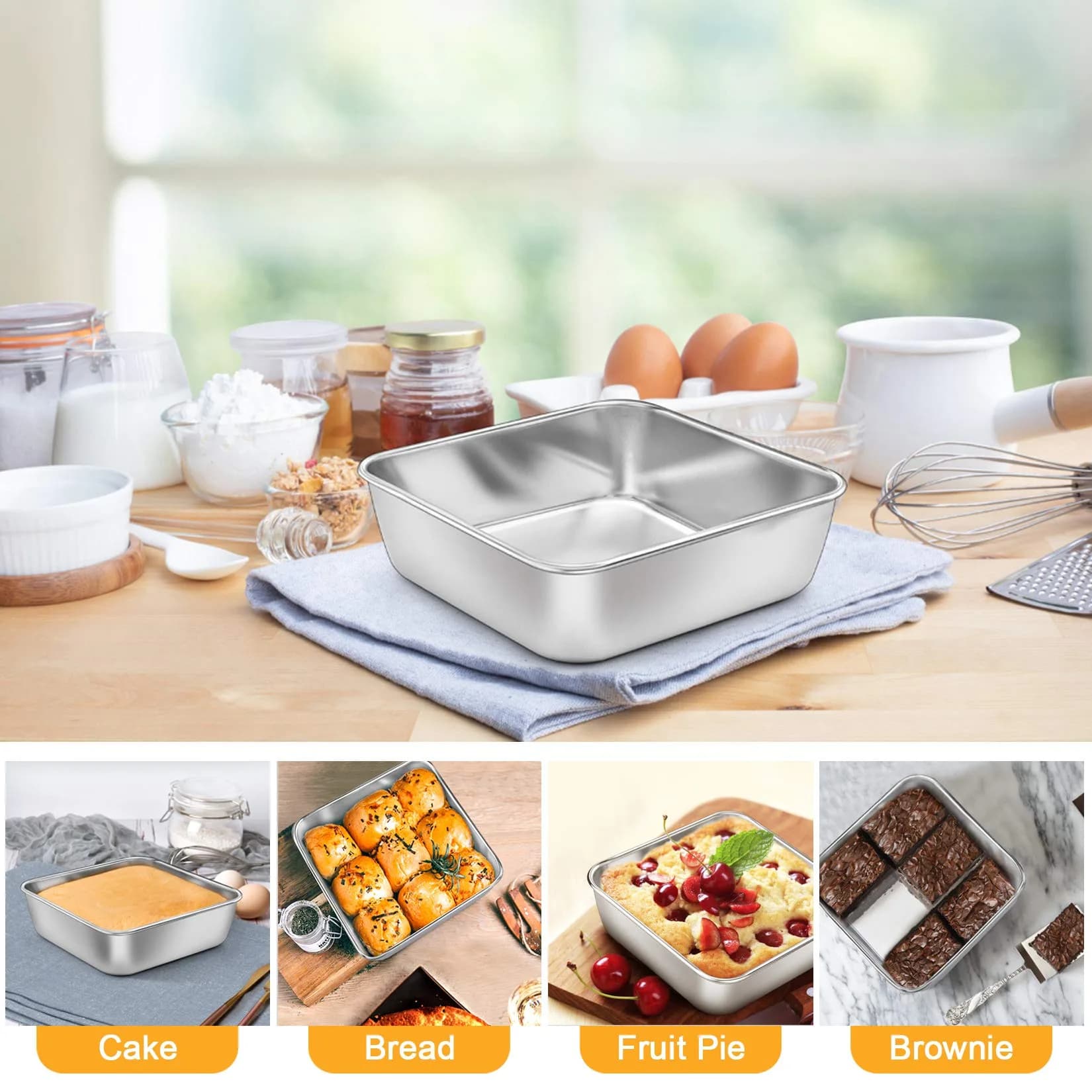 P&P CHEF Square Baking Pan 6x6 Inch (15.2x15.2 cm) - Set of 2 | Heavy Duty Stainless Steel for Brownies & Cakes — 6 Inch thumbnail 4