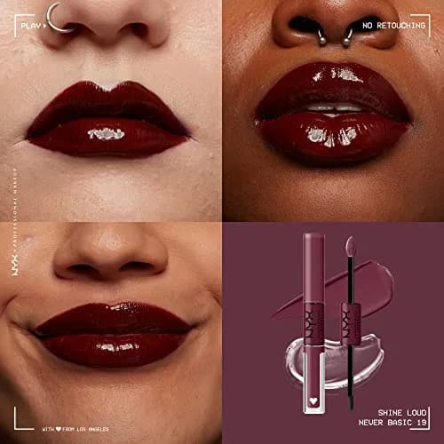 NYX PROFESSIONAL MAKEUP Shine Loud Liquid Lipstick with Clear Gloss, 16hr Wear | Never Basic (Warm Burgundy) thumbnail 3