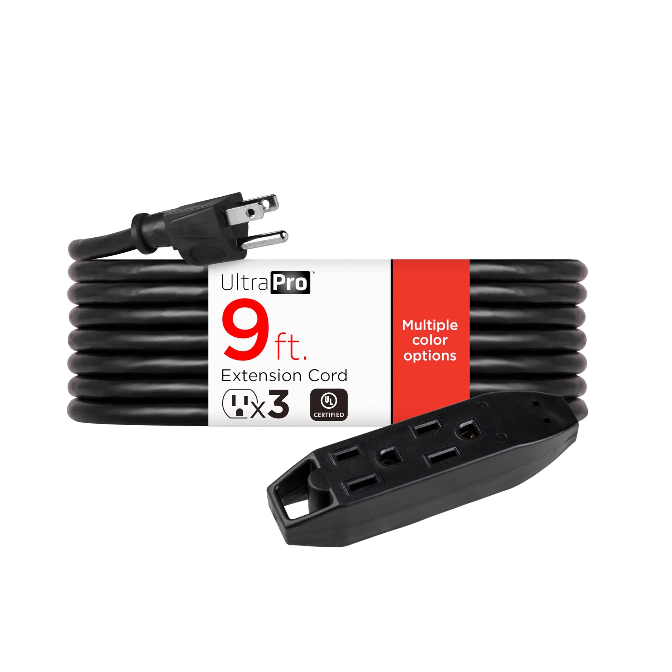 UltraPro 9 Ft Outdoor Extension Cord 3 Outlet Power Strip | Heavy Duty 16 Gauge UL Listed Black