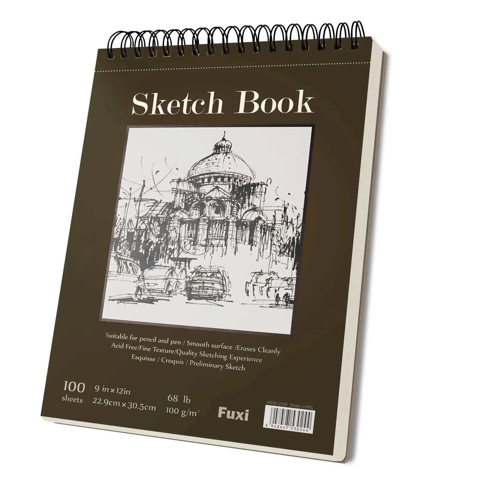 Fuxi 9" x 12" Sketch Book Top Spiral Bound Sketchbook 100 Sheets 22.7 kg (50 lb) | Acid-Free Drawing Paper for Dry Media — Brown