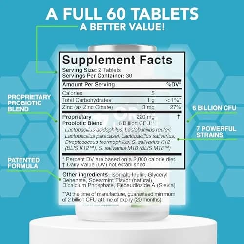 Great Oral Health Mint Oral Probiotics Supplement Tablets 60 Count (Pack of 2) | Dentist Formulated BLIS K12 M18 for Bad Breath & Gum Health thumbnail 2