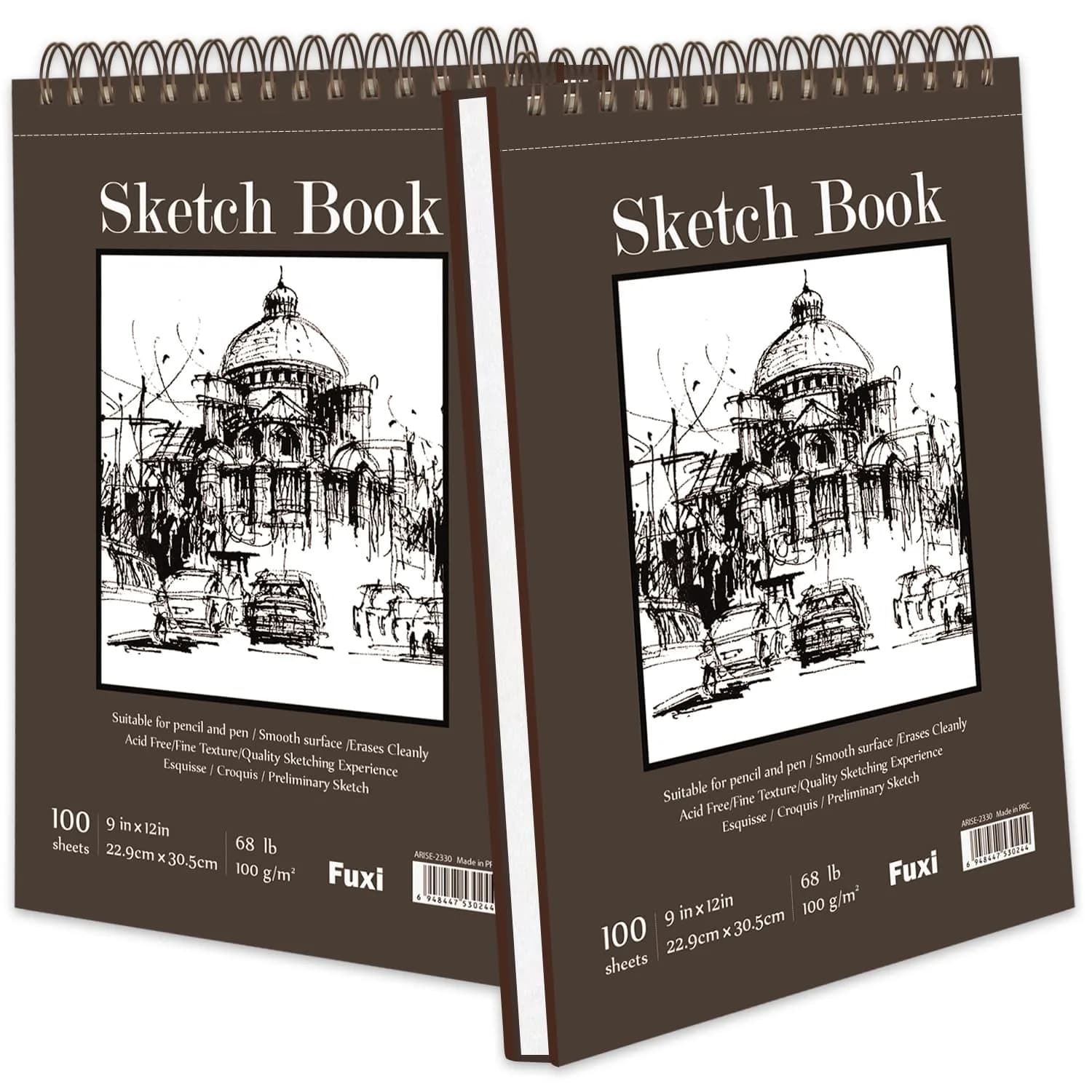 Fuxi 9" x 12" Sketch Book Set, Top Spiral Bound Sketchbook, 200 Sheets | Acid-Free Paper for Dry Media — 200 Sheets