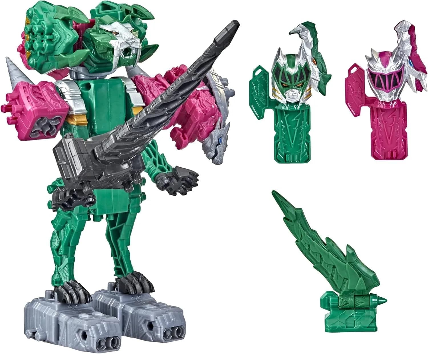 Power Rangers Dino Fury Pink Ankylo Hammer and Green Tiger Claw Zord Toys for Kids Ages 4 and Up | Zord Link Mix-and-Match Custom Build System — Green,pink