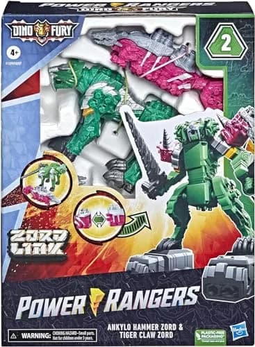 Power Rangers Dino Fury Pink Ankylo Hammer and Green Tiger Claw Zord Toys for Kids Ages 4 and Up | Zord Link Mix-and-Match Custom Build System thumbnail 2
