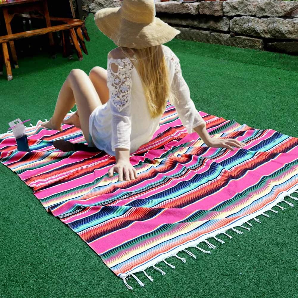 Hxezoc Pink Mexican Blanket Table Runner 150cm x 215cm | Handwoven Cotton Fiesta Decor - view 7