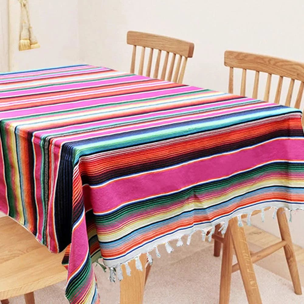 Hxezoc Pink 59 x 84 Inch Hand-Woven Cotton Mexican Serape Table Runner for Festive Decor - view 3